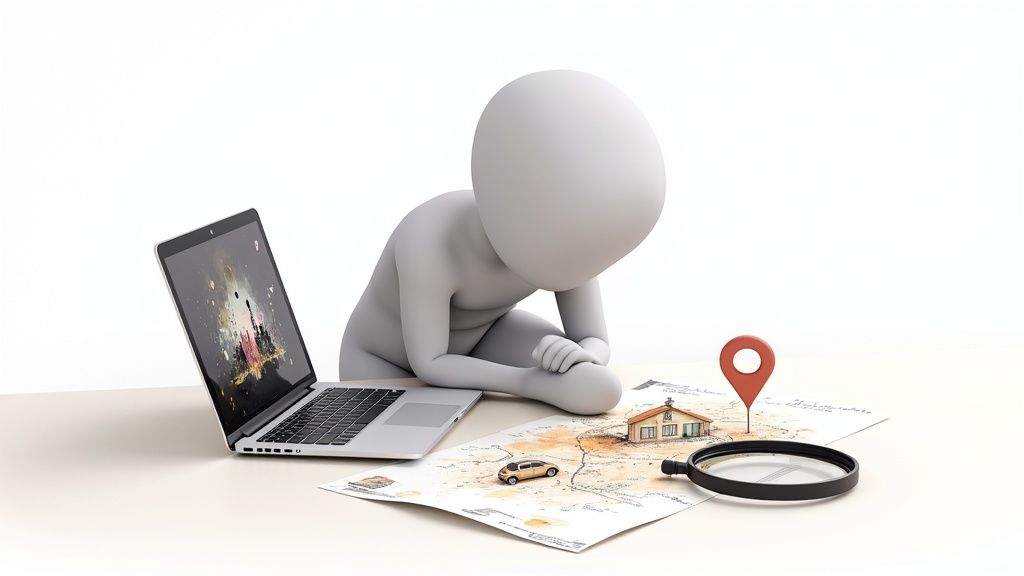 Figurine 3D étudiant une carte avec ordinateur portable, loupe et marqueur de localisation rouge