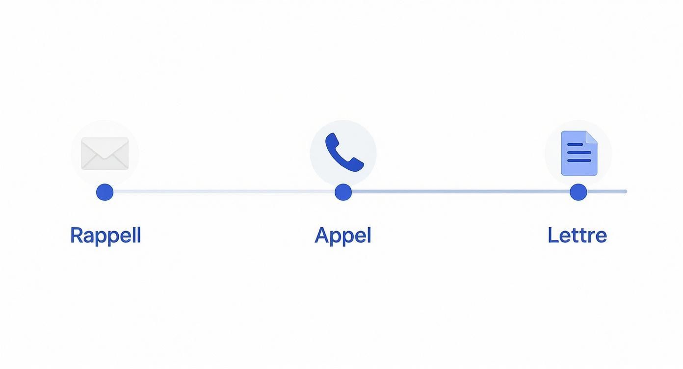 Processus de recouvrement en trois étapes : rappel par courriel, appel téléphonique et lettre officielle