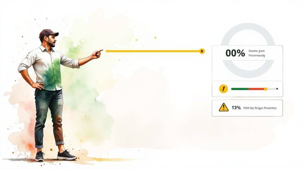 Homme pointant un tableau de bord avec des statistiques et des indicateurs sur fond aquarelle.