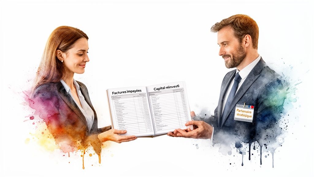 Deux professionnels échangent un livre de comptes ouvert, examinant des factures impayées et du capital réinvesti.