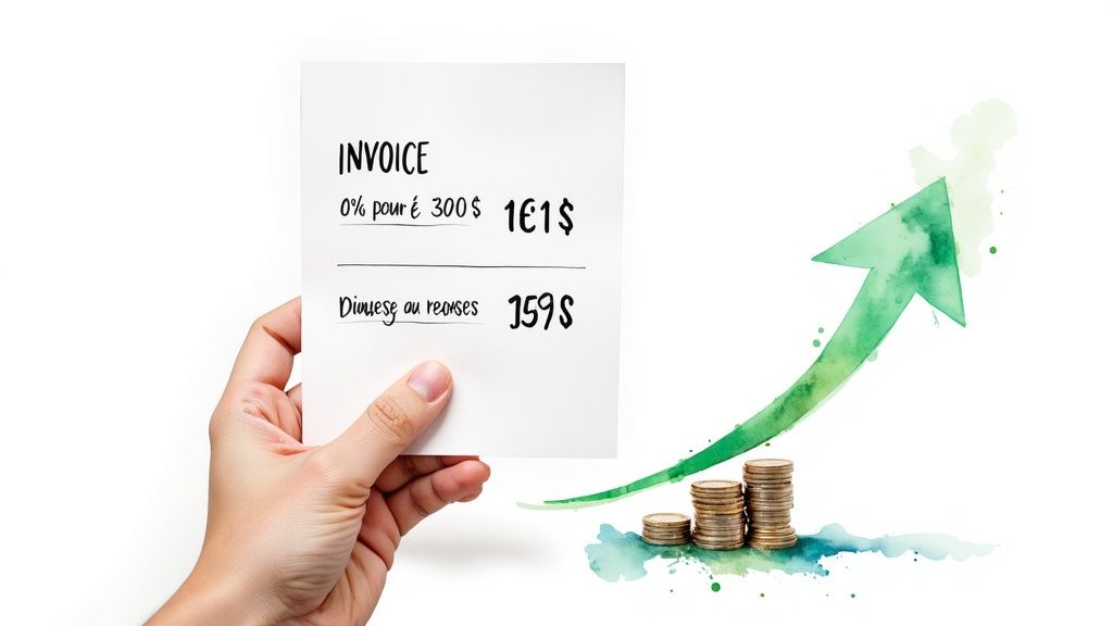 Une main tient une facture avec des chiffres, à côté d'une flèche verte montante et de piles de pièces, symbolisant la croissance financière.