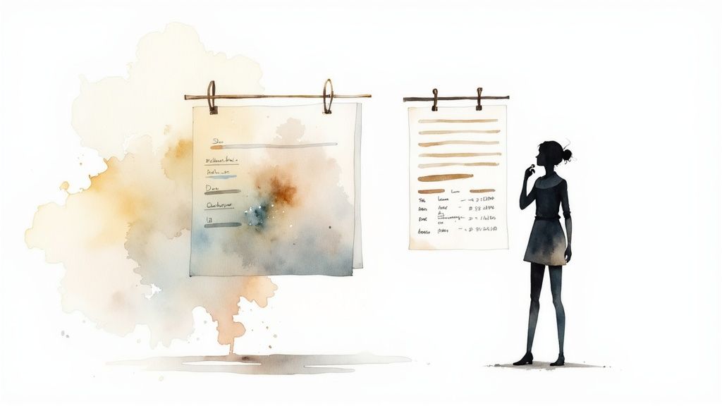 Une femme pense devant des papiers accrochés avec des notes, dans un style aquarelle doux.