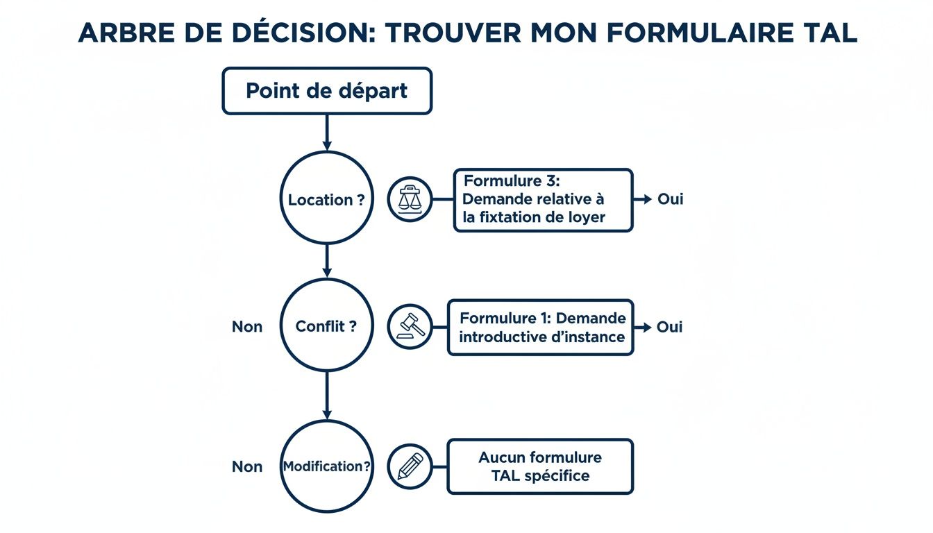 Arbre de décision pour trouver le formulaire du Tribunal administratif du logement (TAL) approprié, basé sur la nature de la demande.