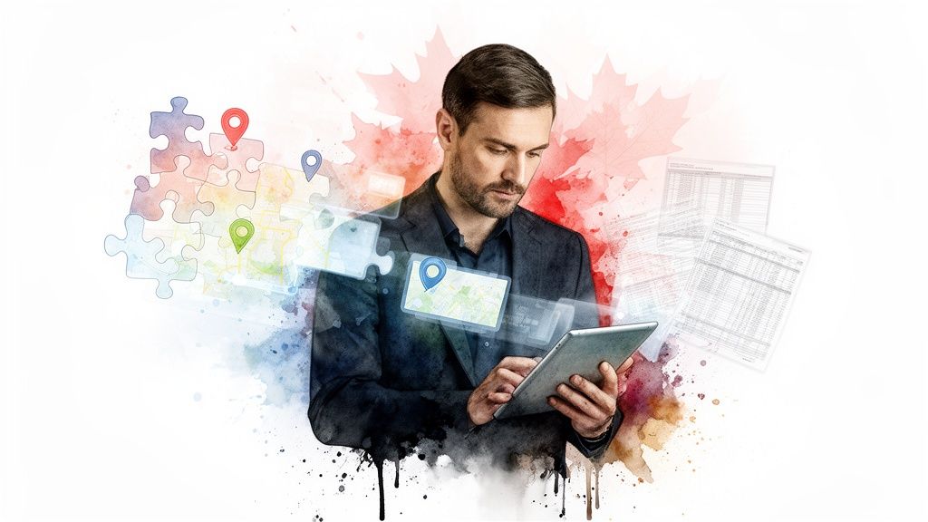 Un homme d'affaires utilise une tablette, analysant des cartes et des données pour la localisation, avec des éléments de puzzle.