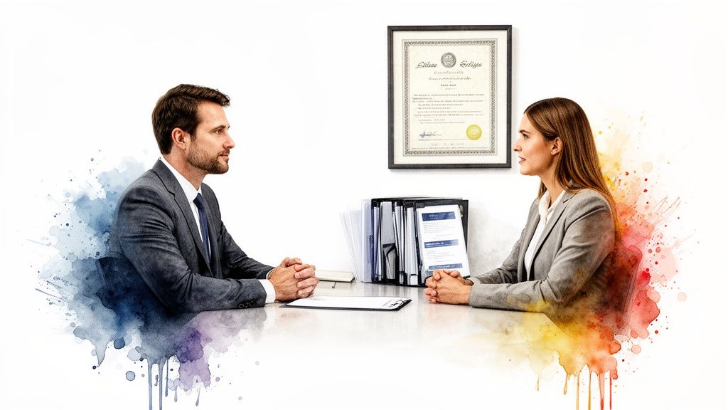 Deux professionnels en discussion lors d'un entretien ou d'une réunion d'affaires, avec des documents sur la table et un certificat encadré.