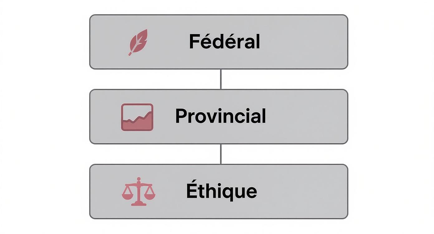 Infographie illustrant la hiérarchie des lois sur le skip tracing, avec les niveaux fédéral, provincial et éthique.