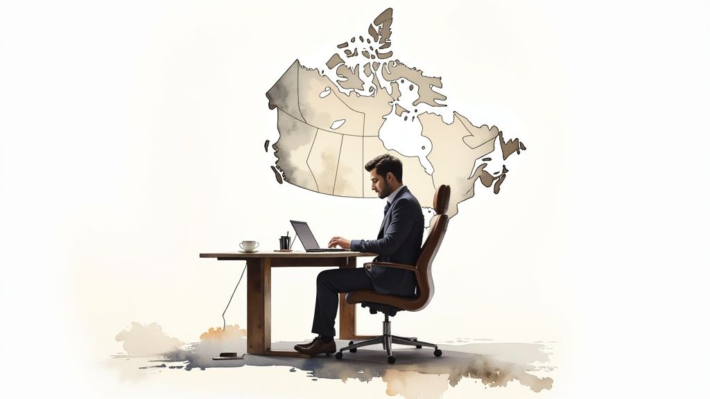 Une carte du Canada avec des points de connexion et des loupes, symbolisant la recherche d'informations à travers le pays.