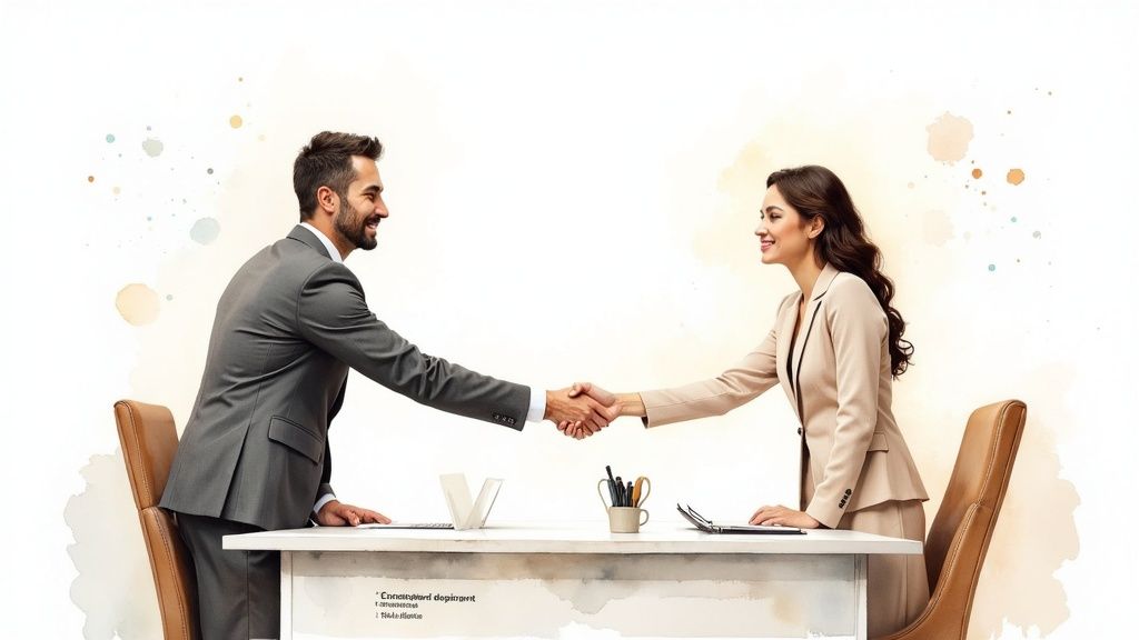 Deux professionnels souriants en costume se serrent la main par-dessus un bureau, symbolisant un accord.