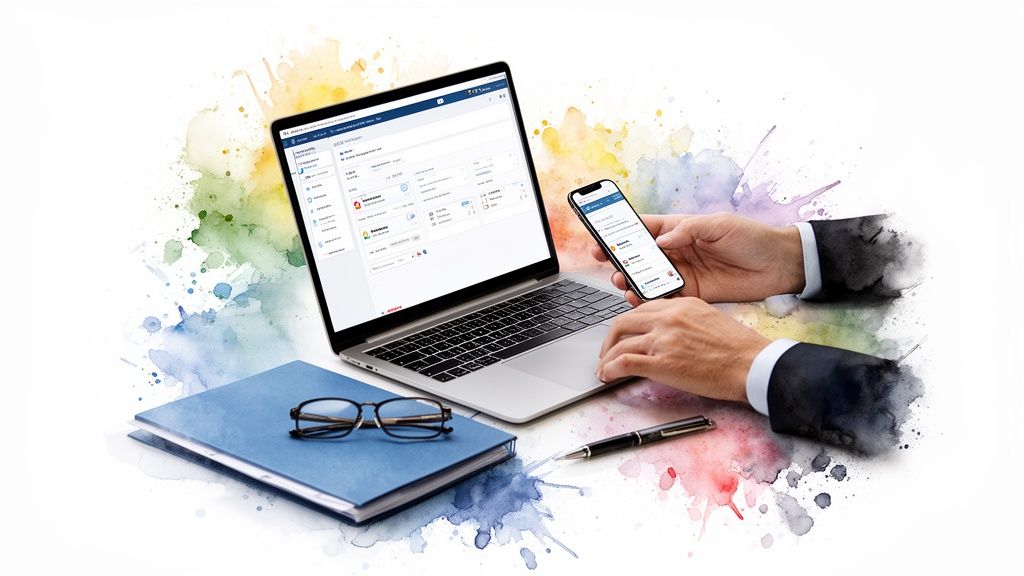 Mains d'une personne travaillant sur un ordinateur portable et un smartphone, avec dossier, lunettes et stylo, sur fond aquarelle.