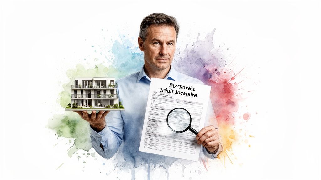 Un homme examine un document de crédit locataire avec une loupe et tient un immeuble d'appartements miniature.