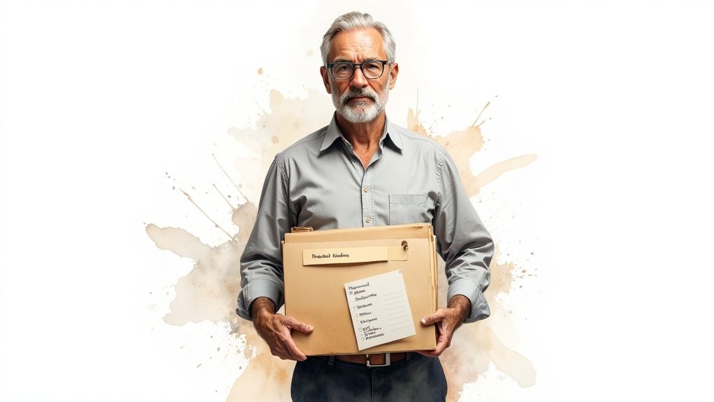 Homme âgé avec barbe et lunettes tenant une boîte de dossiers en carton. Fond blanc éclaboussé.