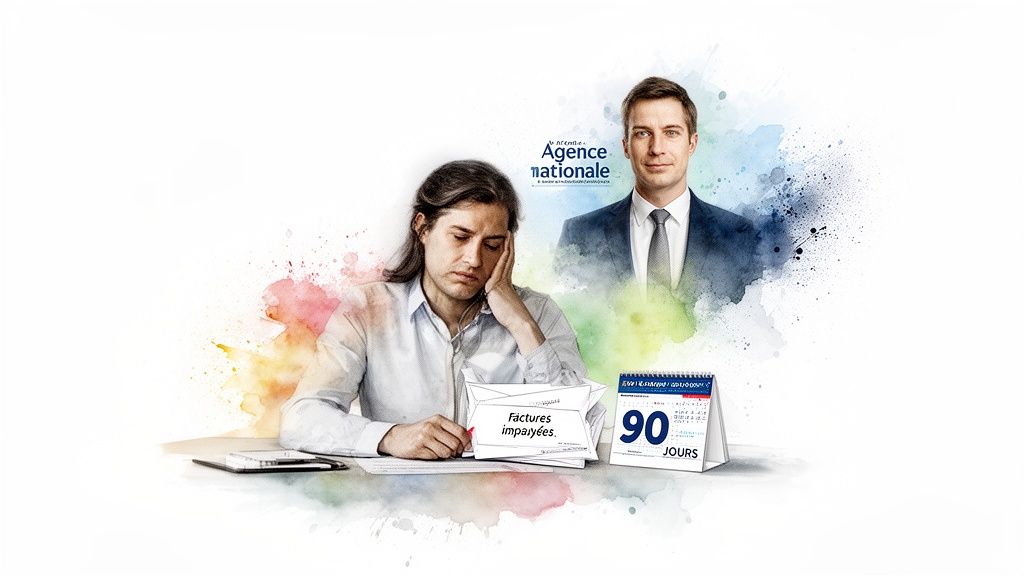 Un homme fatigué face à des factures impayées, assisté par une agence nationale pour le recouvrement.