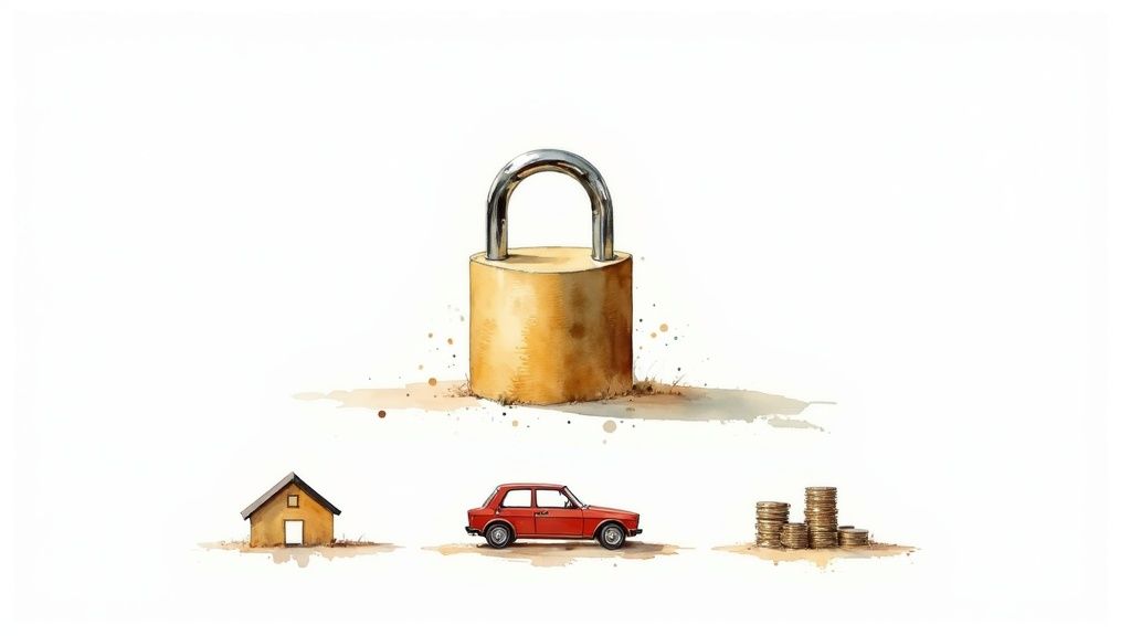 Cadenas doré protégeant une maison, une voiture et des pièces de monnaie représentant les biens saisissables