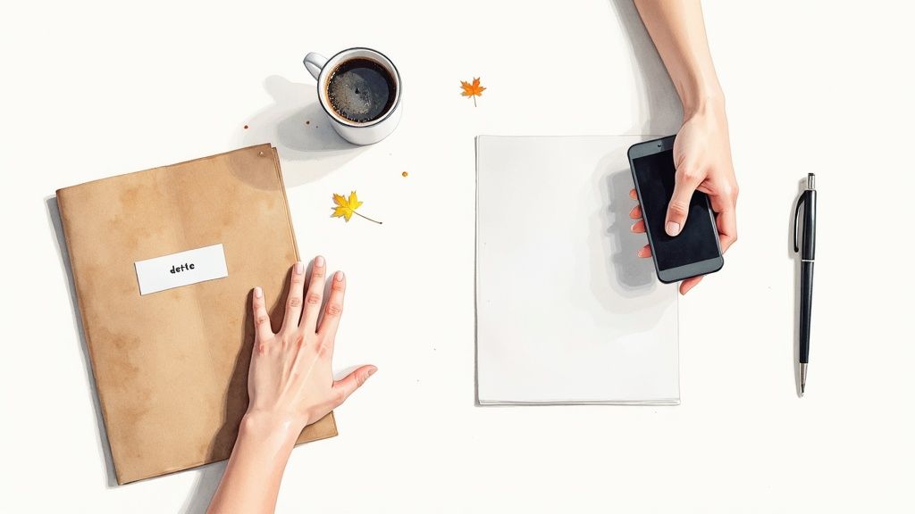 Mains sur un bureau avec café, dossier de dette, smartphone, bloc-notes vide et feuilles d'automne.