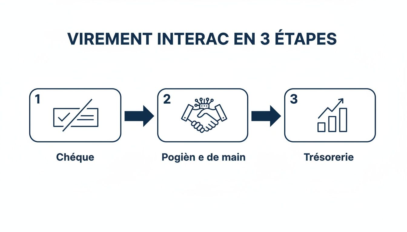 Schéma explicatif du virement Interac en 3 étapes : moins de chèques, plus de collaboration numérique, meilleure trésorerie.