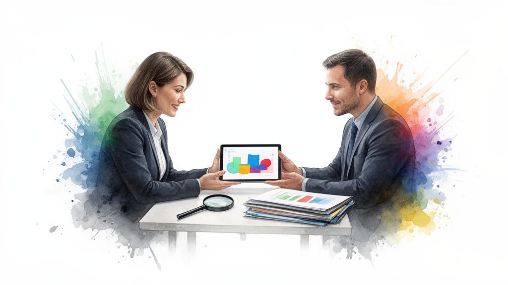 Deux professionnels souriants présentent des données sur une tablette, symbolisant l'analyse financière et la collaboration en entreprise.