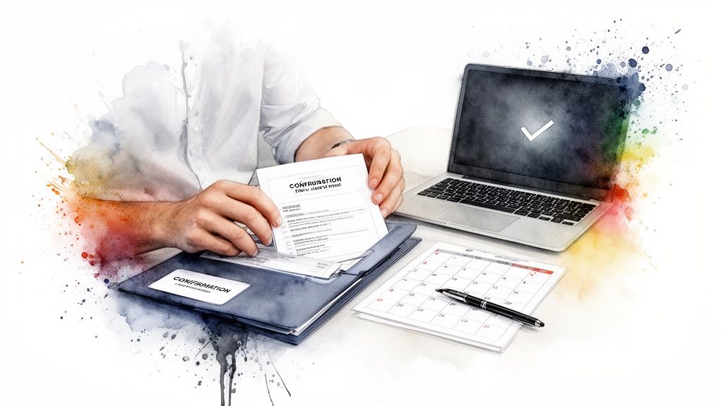 Personne examinant un document de confirmation, avec un ordinateur portable affichant une coche, un calendrier et un dossier.