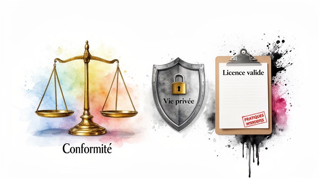 Balance de justice, bouclier 'Vie privée' et licence valide, symbolisant la conformité et les pratiques autorisées.