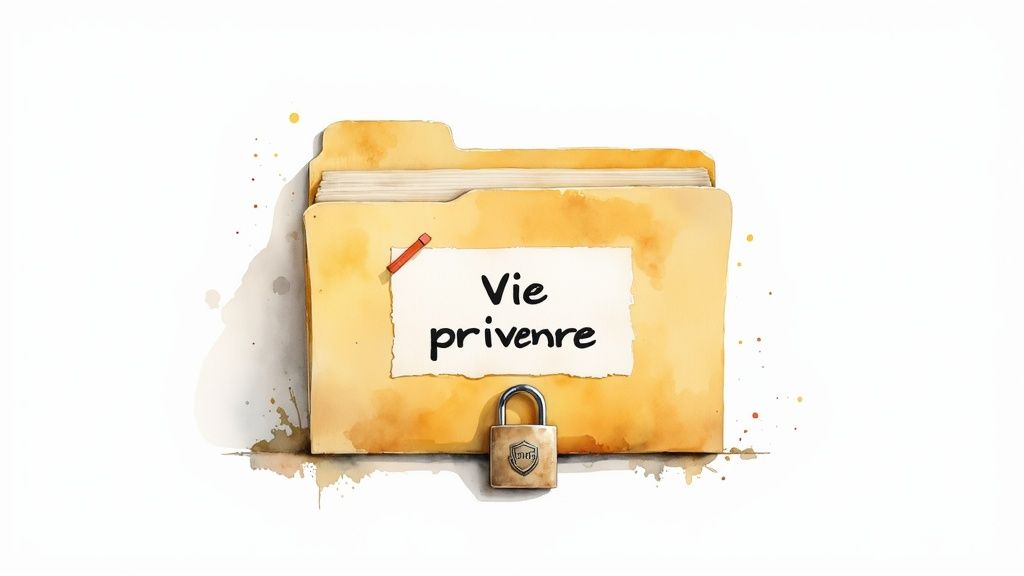 Un dossier jaune de style aquarelle avec l'étiquette « Vie privenre » et un cadenas, symbolisant la confidentialité.