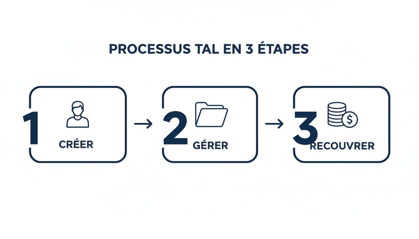 Illustration du processus TAL en 3 étapes: créer un dossier, gérer les informations, puis recouvrer les fonds.