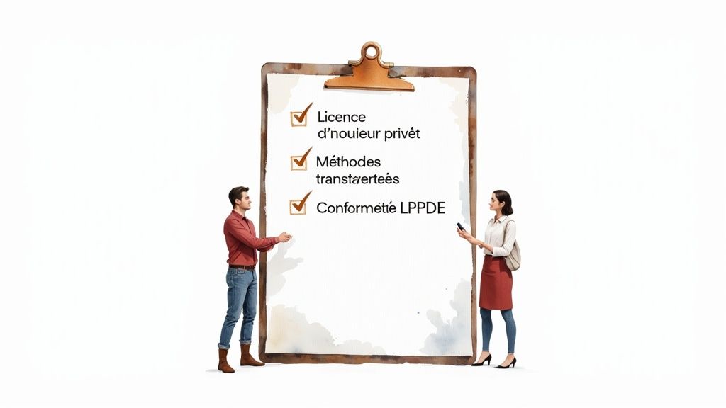 Deux personnes examinent un grand presse-papiers affichant une liste de vérification de conformité et de méthodes.