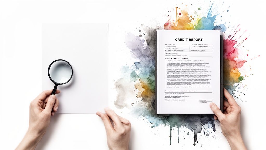 Mains tenant une loupe sur une page blanche et un rapport de crédit sur fond éclaboussé de couleurs.