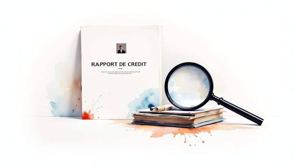 Un rapport de crédit, une loupe et une pile de livres sur une surface blanche avec des éclaboussures d'aquarelle.