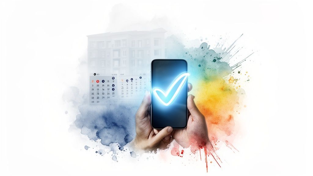 Mains tenant un smartphone avec coche lumineuse, un bâtiment et un calendrier en arrière-plan, symbolisant la gestion numérique.