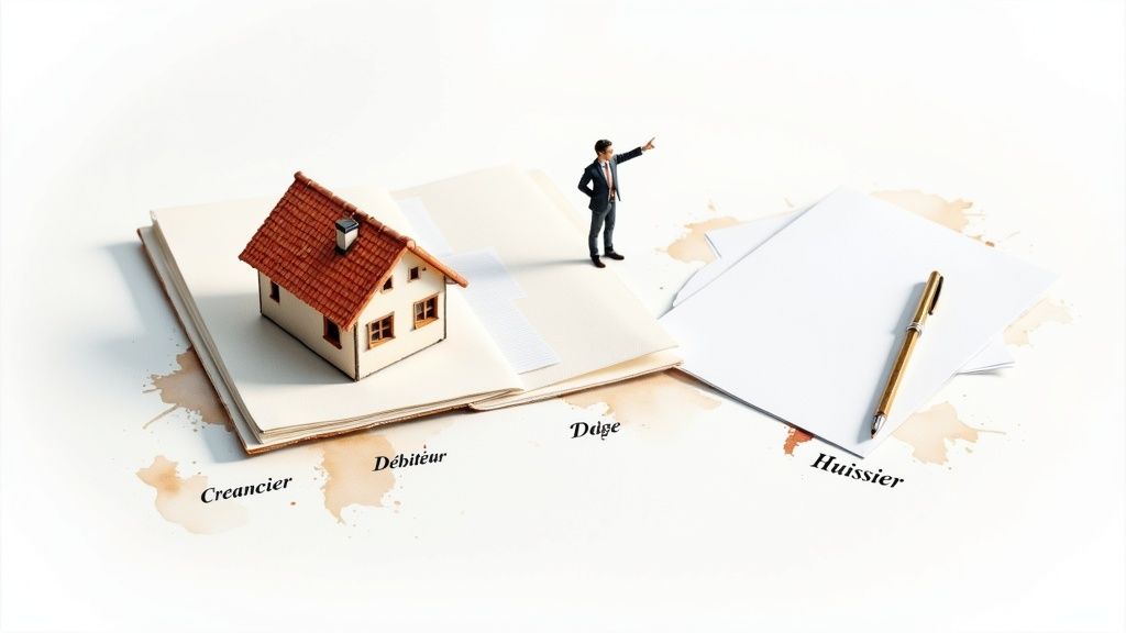 Image symbolisant la saisie immobilière avec maison, livre, figure, et mots «Créancier», «Débiteur», «Juge», «Huissier».