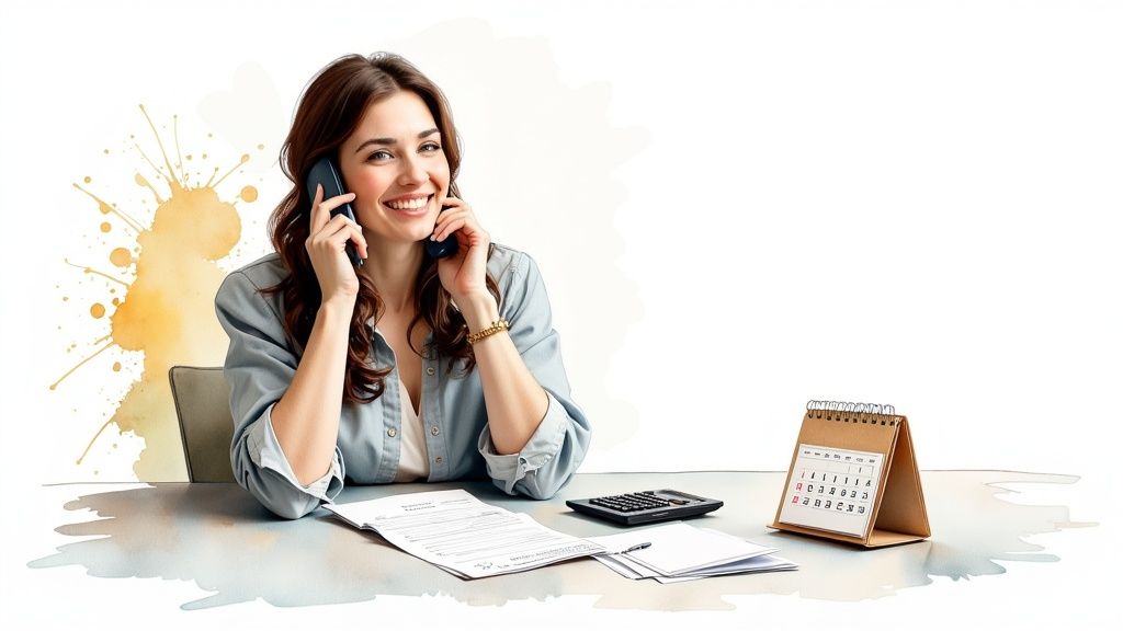 Femme d'affaires souriante au téléphone avec calculatrice et documents sur son bureau