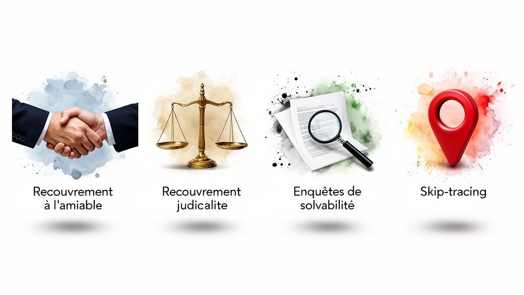 Quatre services de recouvrement de créances représentés par des icônes: à l'amiable, judiciaire, enquêtes de solvabilité et skip-tracing.