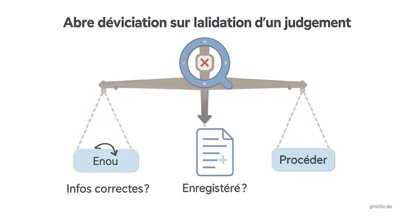Diagramme d'une balance symbolisant la validation d'un jugement, vérifiant l'exactitude des informations et l'enregistrement.