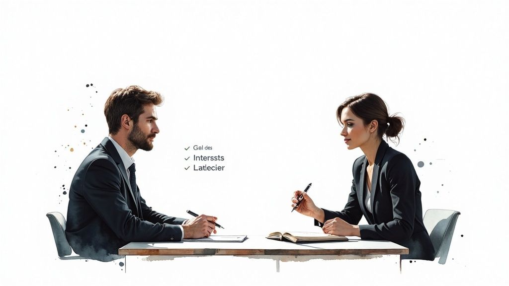 Deux professionnels, un homme et une femme, discutant lors d'une négociation ou d'un entretien d'affaires.