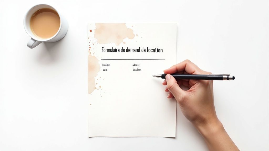 Une main remplit un formulaire de demande de location sur un bureau blanc, avec une tasse de café à côté.