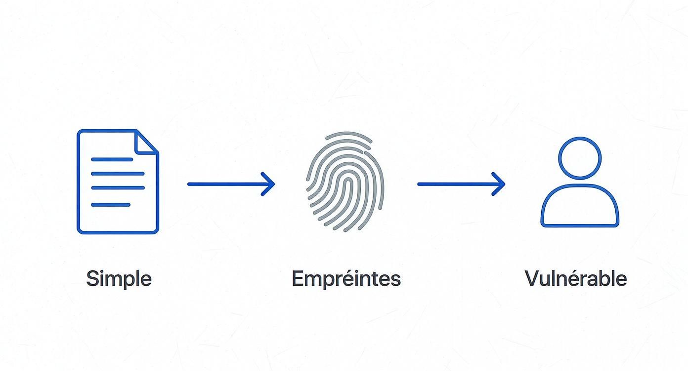 Schéma illustrant la progression d'un document simple vers des empreintes digitales, rendant une personne vulnérable.
