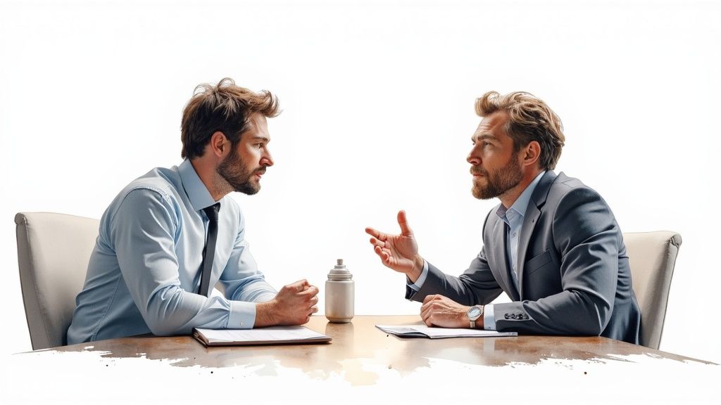 Deux hommes professionnels en costume discutent lors d'une réunion, assis à une table en bois.