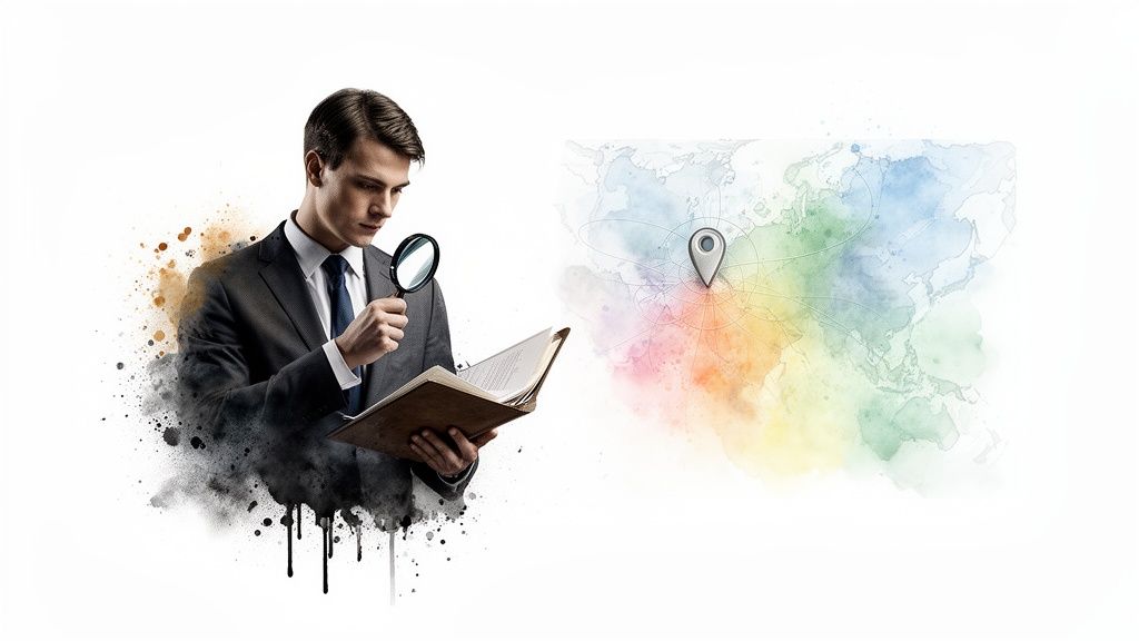 Un homme en costume examine un livre avec une loupe, avec une carte du monde aquarelle et une épingle de localisation.