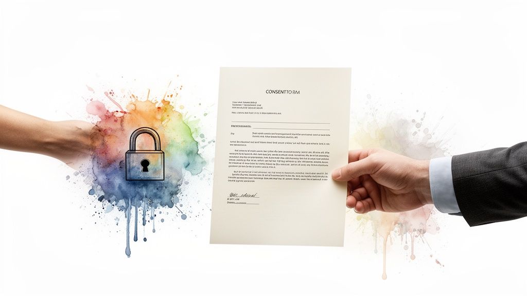 Deux mains se tendent vers un contrat et un cadenas coloré, symbolisant le consentement et la sécurité des données.