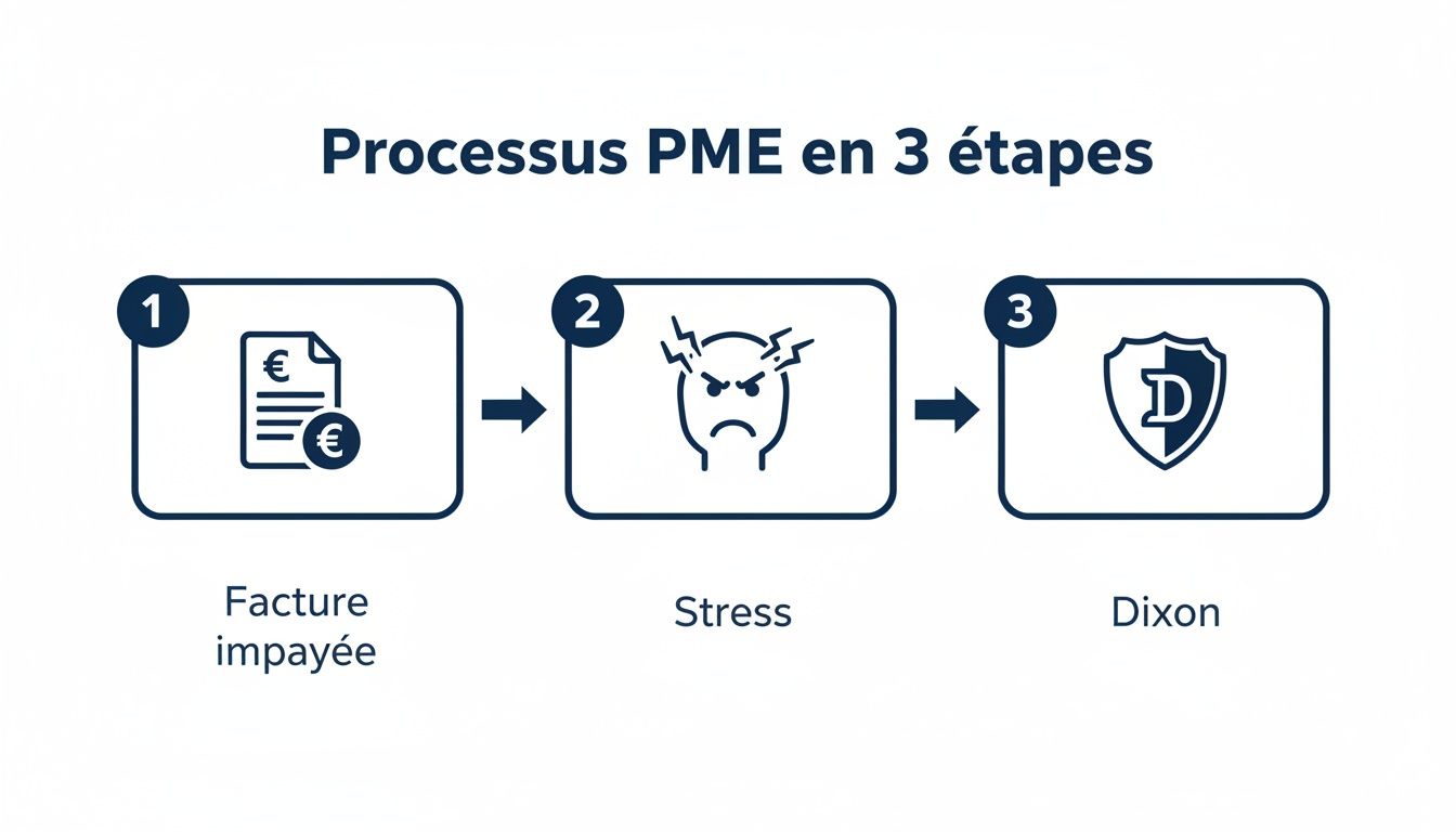 Illustration d'un processus en 3 étapes : facture impayée menant au stress, résolu par l'intervention de Dixon.