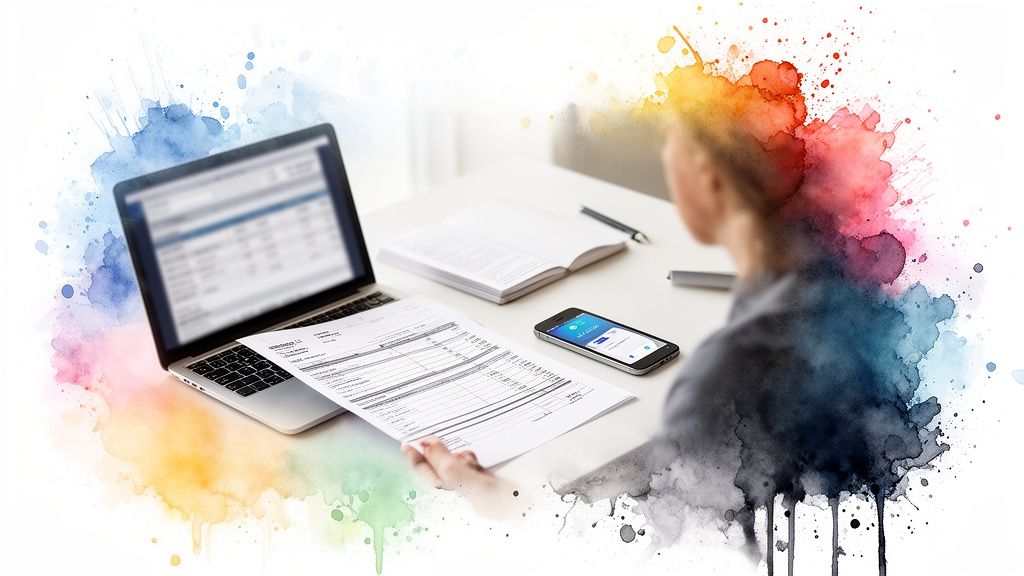 Une personne travaille sur un ordinateur portable, des documents et un smartphone sur un bureau avec des éclaboussures d'aquarelle colorées.