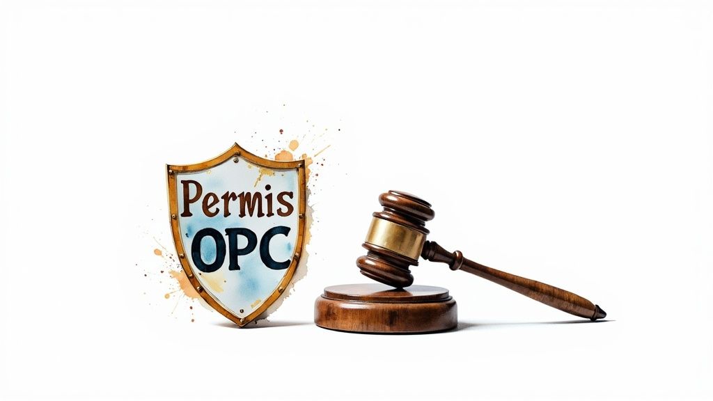 Un bouclier avec "Permis OPC" et un maillet de juge, symbolisant la réglementation et la loi.