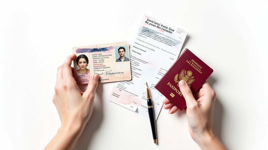 Mains sur un bureau blanc, tenant une carte d'identité et un passeport, près de formulaires et d'un stylo.