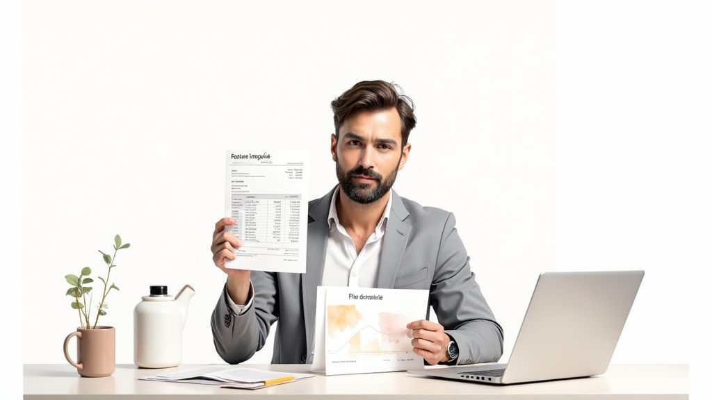 Un homme en costume gris à son bureau présente une facture et un graphique financier.