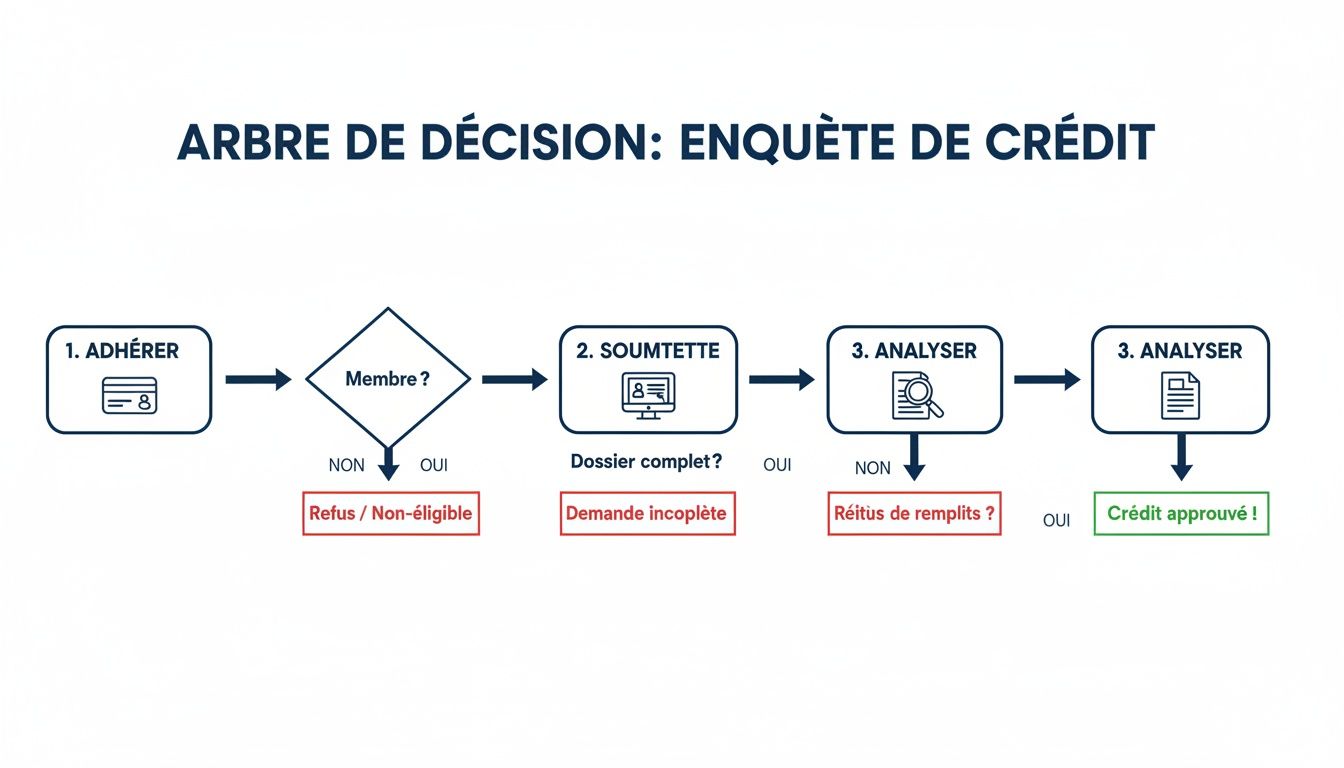 Arbre de décision illustrant les étapes d'une enquête de crédit, de l'adhésion à l'approbation finale.