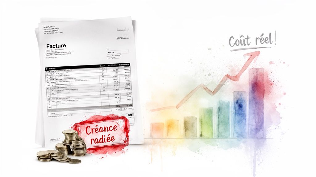 Facture, pièces de monnaie et graphique montrant l'augmentation des coûts et la radiation de créances.