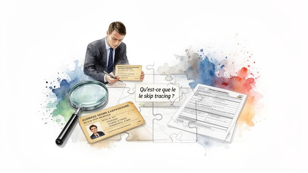 Homme en costume avec loupe et documents, investiguant le skip tracing, sur fond de pièces de puzzle et aquarelle.