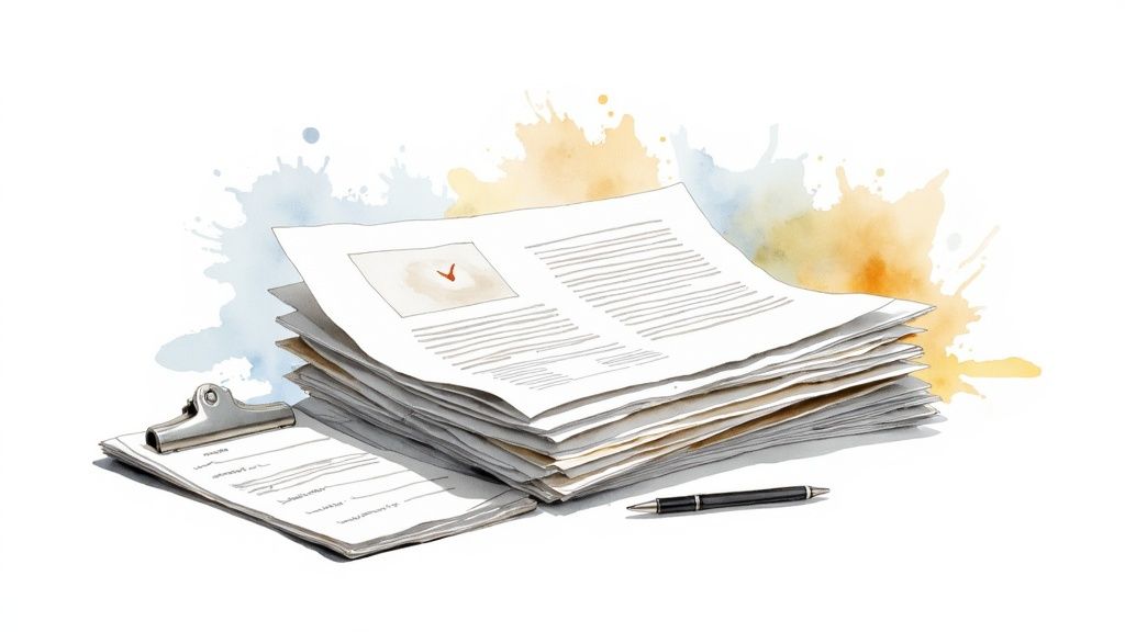 Pile de documents administratifs, un presse-papiers et un stylo sur fond blanc avec éclaboussures colorées.