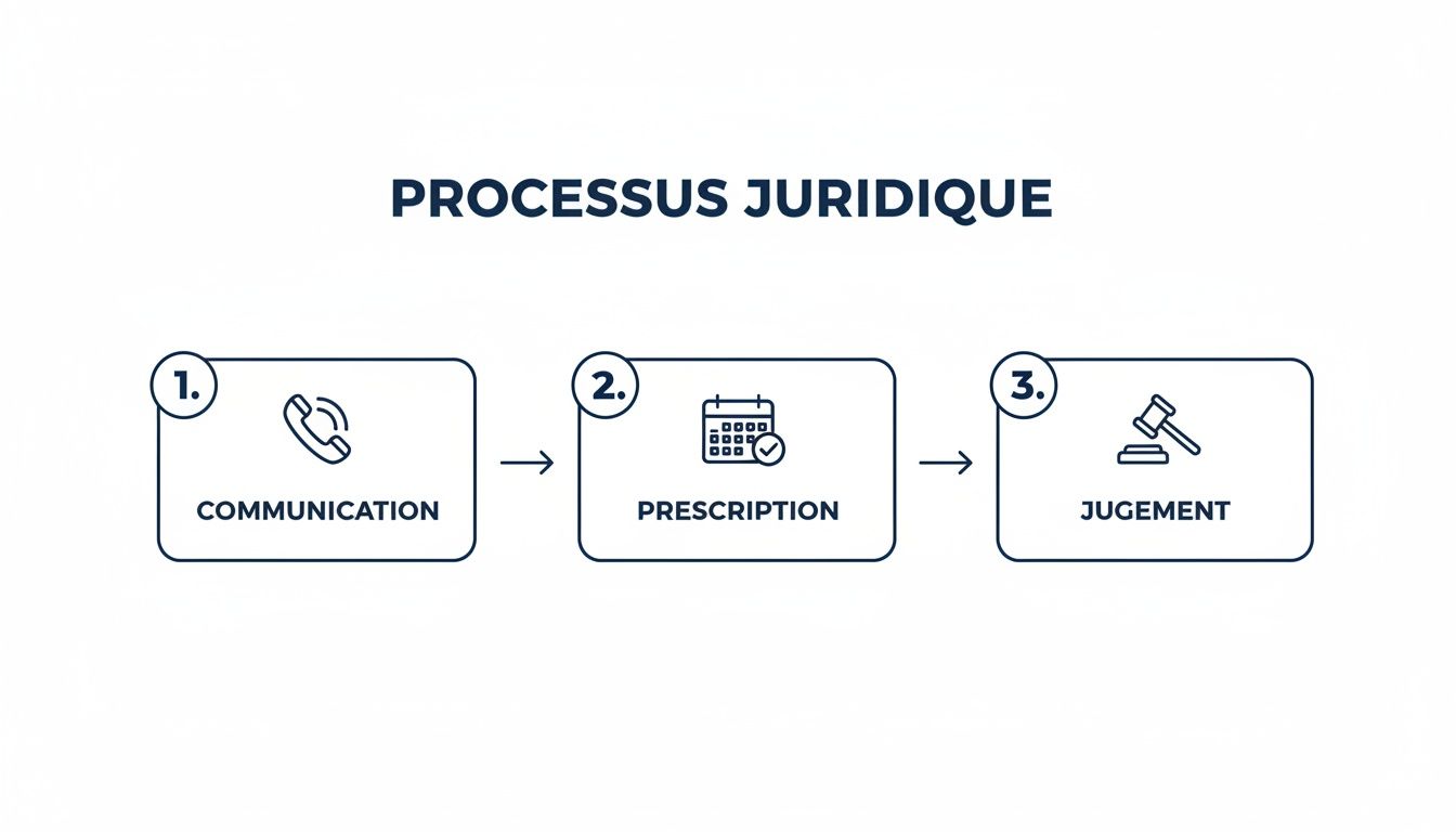 Infographie montrant le processus juridique en trois étapes : communication, prescription et jugement.
