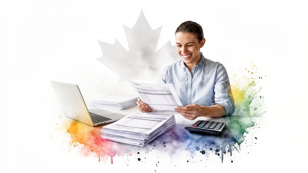 Une femme souriante examine des documents financiers au bureau avec un ordinateur portable et une calculatrice, sur fond de feuille d'érable canadienne.