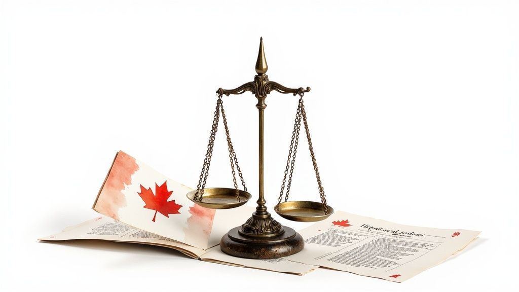 Balance de justice avec drapeau canadien et documents légaux symbolisant le système juridique